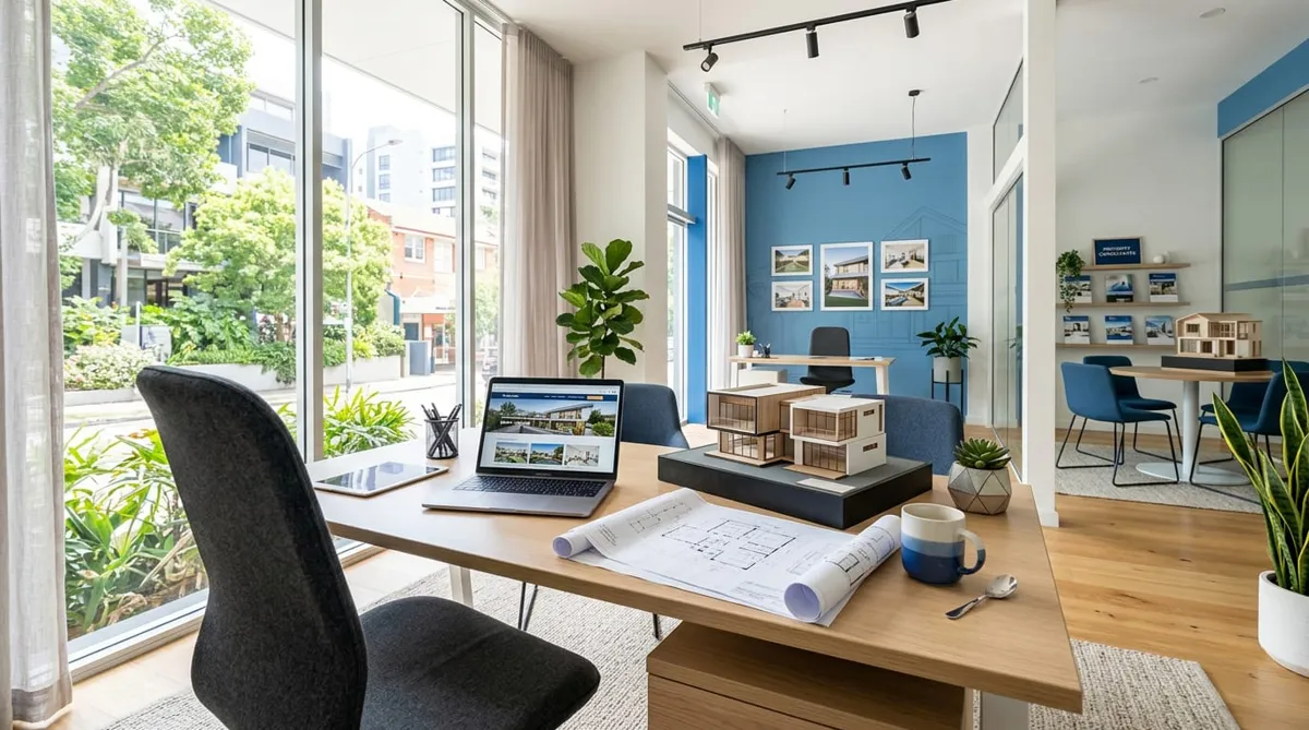 Bureau lumineux avec des plans et une maquette de maison