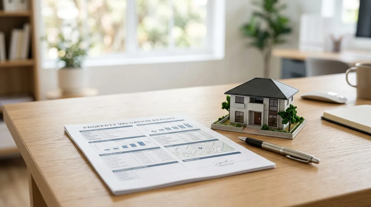 Document d’estimation immobilière avec un stylo et une maquette de maison