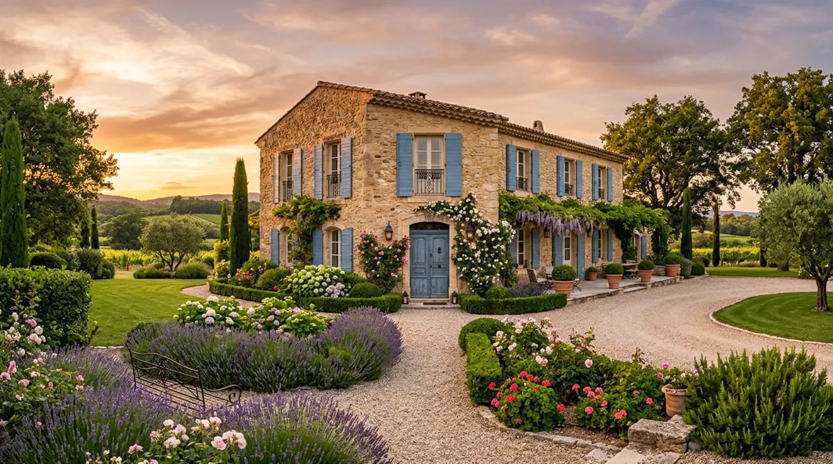 Maison en pierre aux volets bleus au coucher du soleil